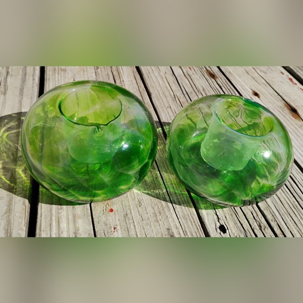 Blown Glass Green Candle Holders Swirled Set Of 2 Green Votive Tea Lights